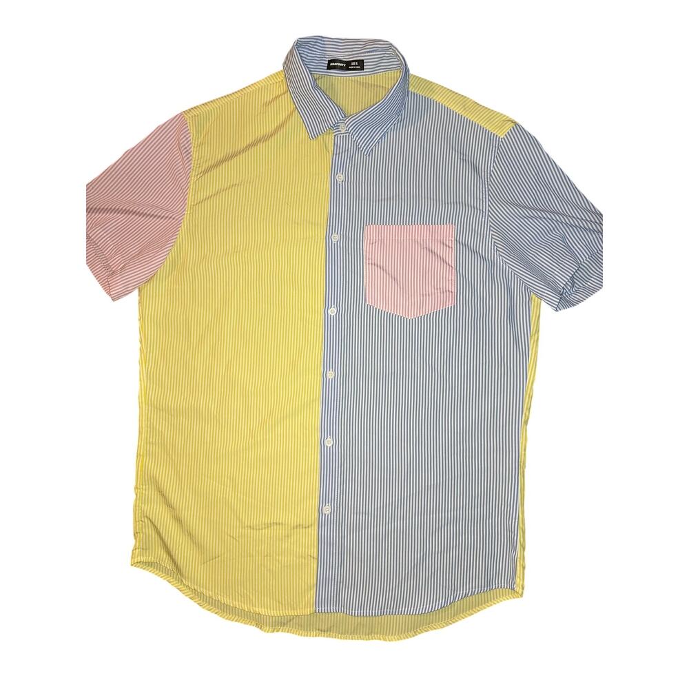 Manfinity Patchwork Striped Short Sleeve Button Down Shirt Men’s XL Colorful